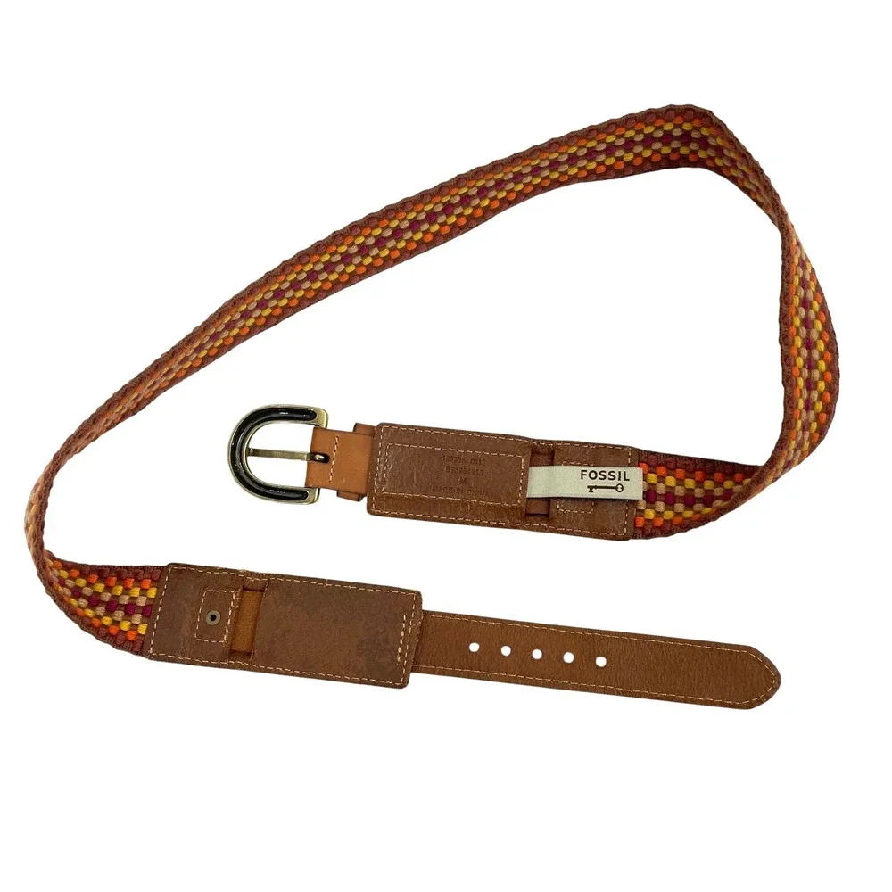 Fossil check plaid woven leather belt Size‎ M boho artsy festival western